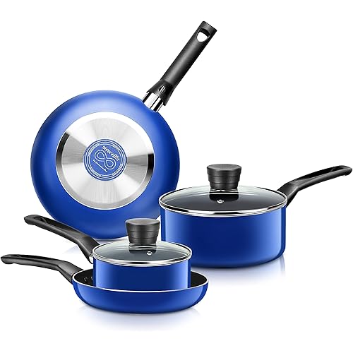 SereneLife Kitchenware Pots & Pans Basic Kitchen Cookware, Black Non-Stick Coating Inside, Heat Resistant Lacquer (6-Piece Set), One Size, Blue