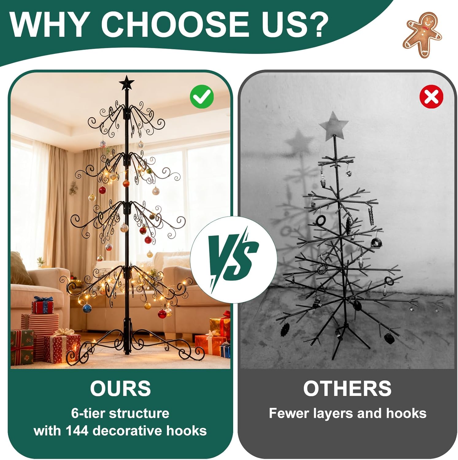 Metal Christmas Tree,144 Christmas Ornament Hooks,76inch Black Christmas Tree, DIY-Friendly Ornament Display Stand