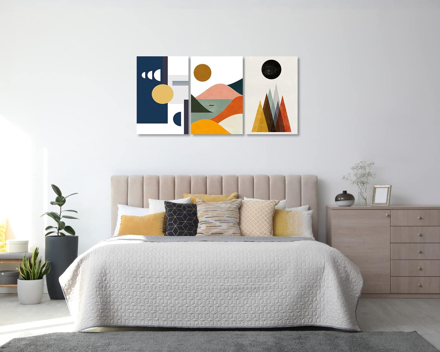 Boho Wall Art for Living Room 3 Piece, Modern Abstract Canvas Wall Art Landscape Sun Moon Mountains Wall Art Canvas Prints Pictures Paintings for Bedroom Home Office Wall Decorations (12"x16", framed)