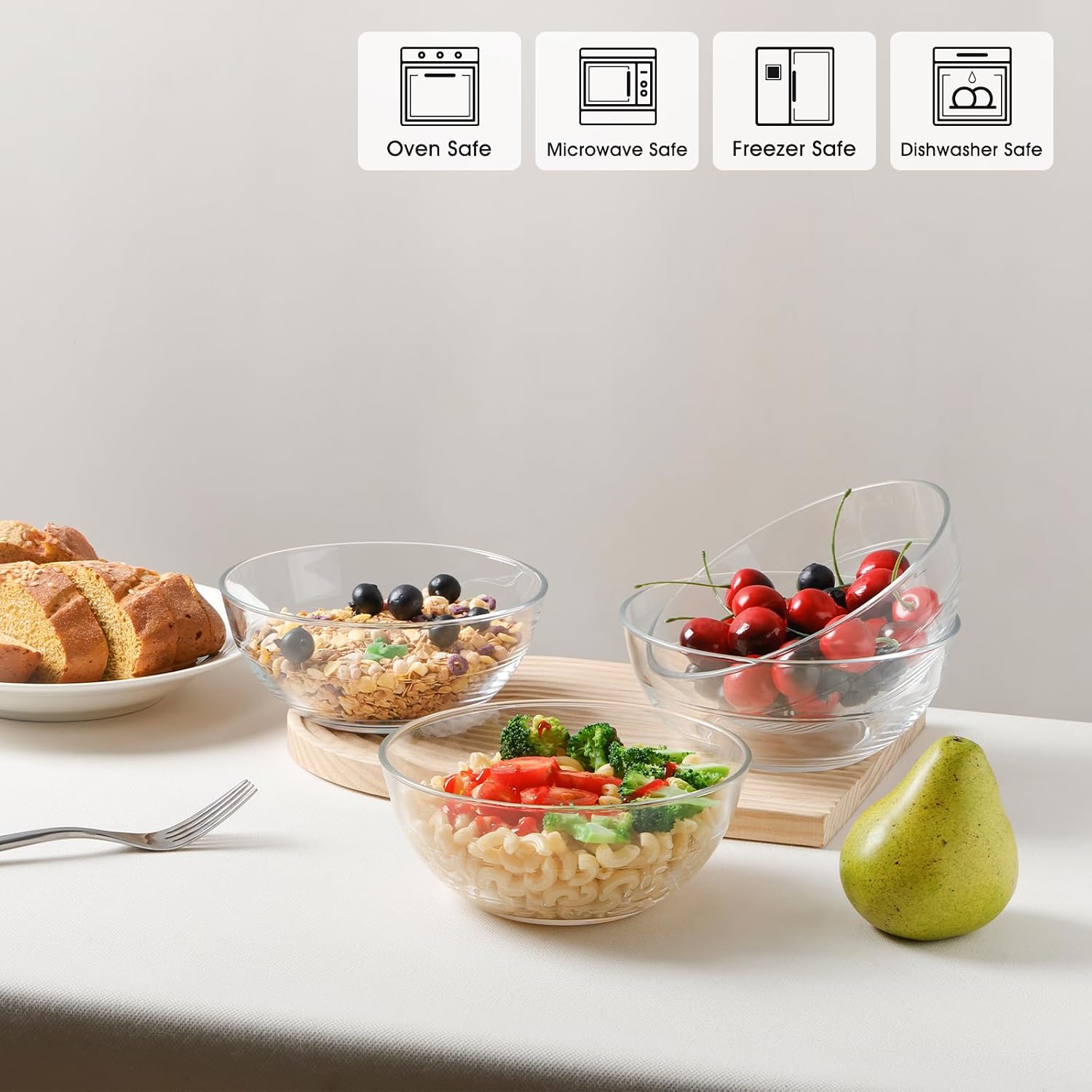 NUTRIUPS 4 Pack Tempered Glass Prep Bowls, Clear Glass Bowl Set 6.6 Inch, Glass Salad Bowls for Kitchen Microwave and Oven Safe