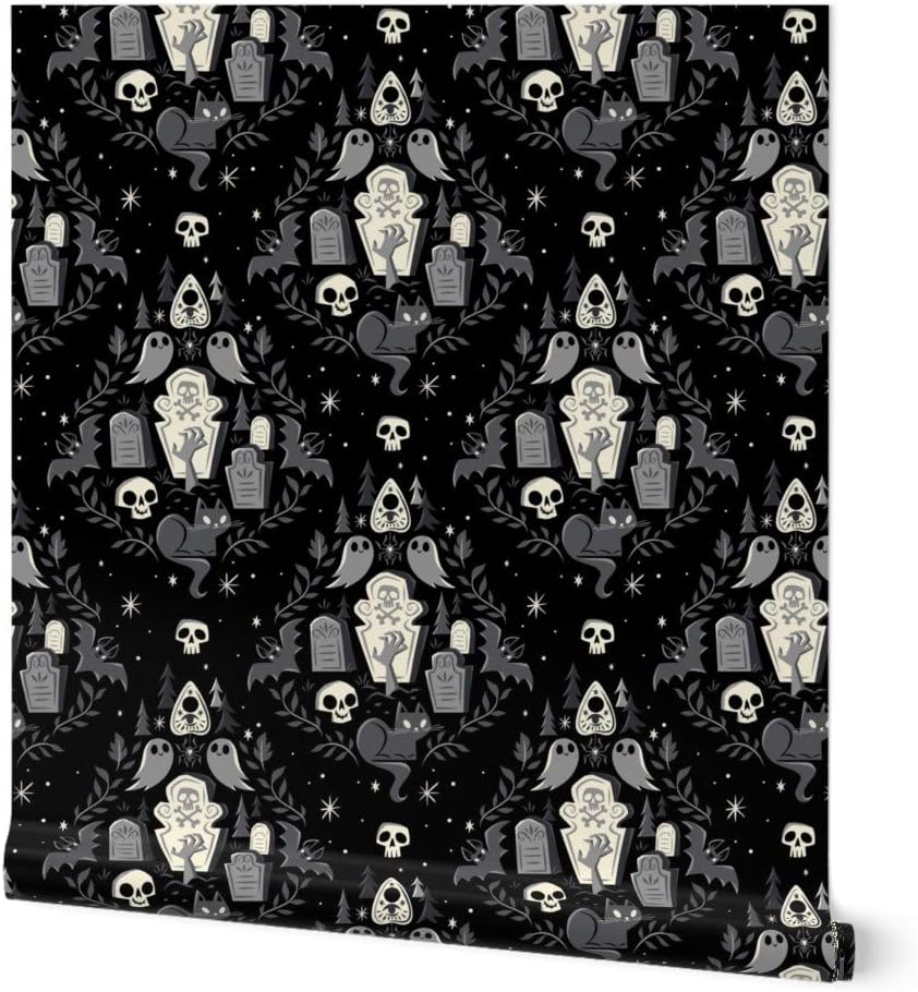 Spoonflower Commercial Grade Wallpaper 27ft x 2ft - Cute Ghosts Spooky Halloween Black Cat Fall Ghost Zombie October Traditional Wallpaper