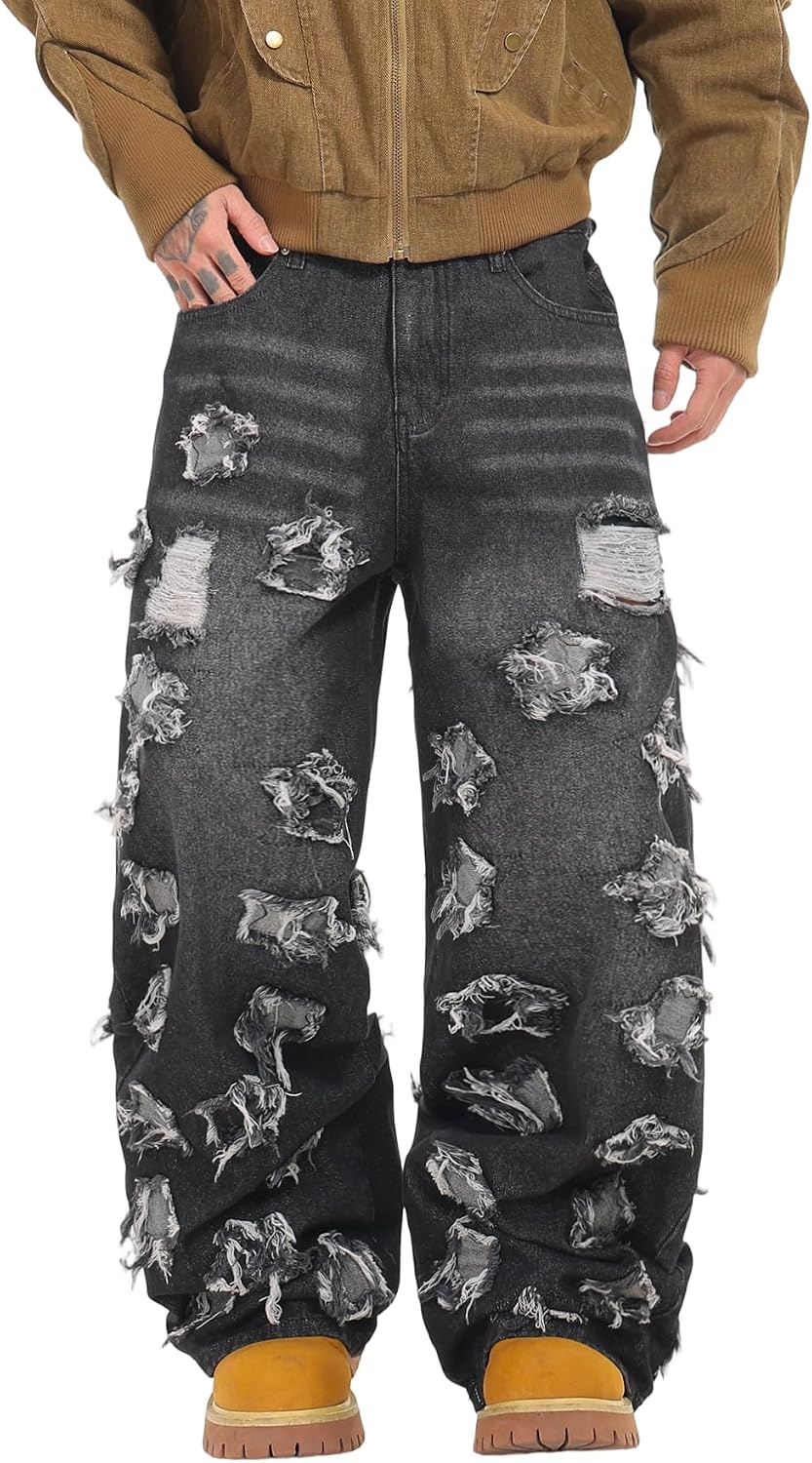 DFGIGT Hip Hop Baggy Jeans for Men with Hole Distressed Wide Leg Skater Jeans Loose Fit Denim Pants Streetwear