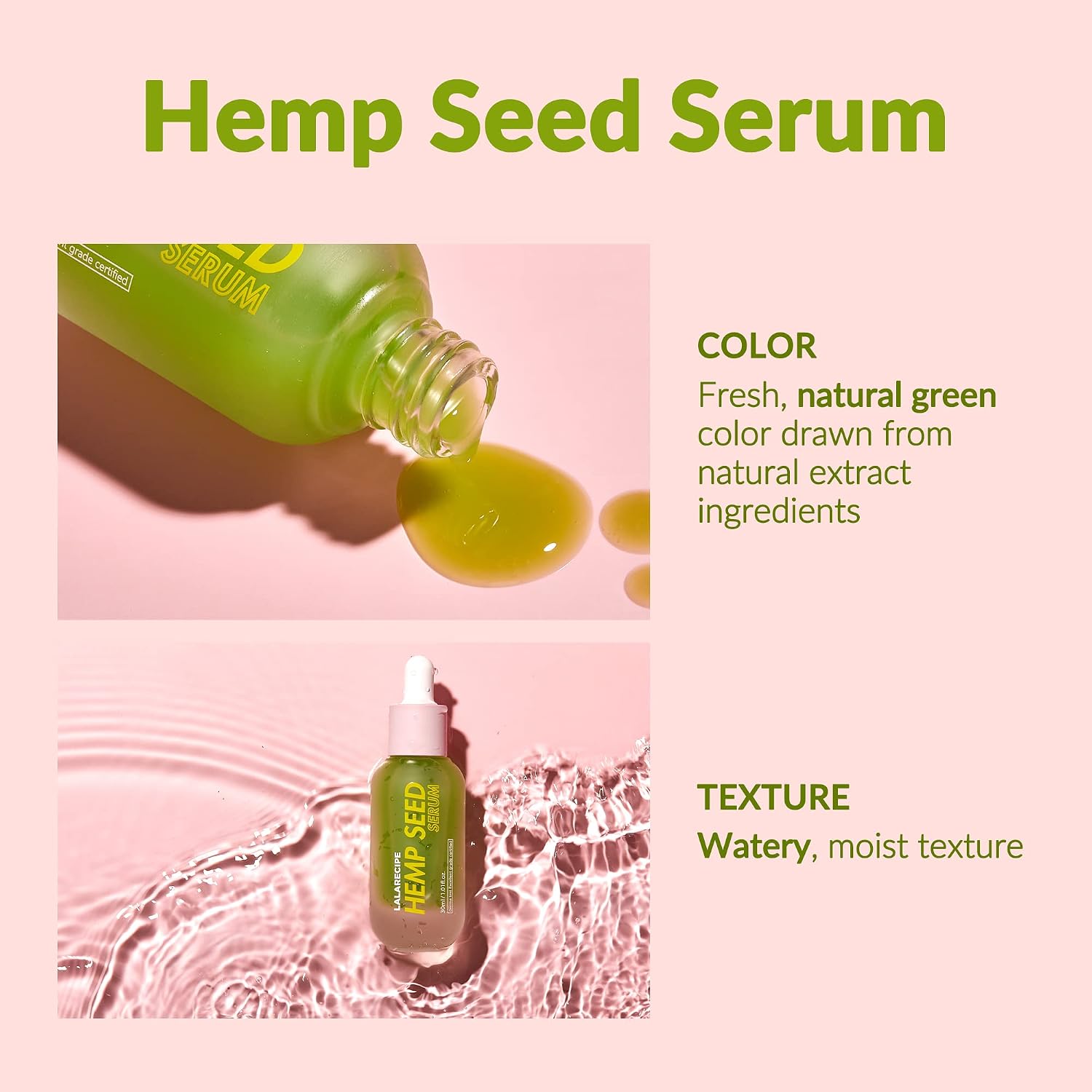 LALARECIPE Hemp Seed Facial Serum – Calming & Hydrating Korean Serum with 77.8% Hemp Seed Extract, Cica & 4 Patented Complexes – Soothing Vegan Skincare for Sensitive Skin (1.01 fl oz)