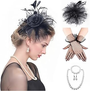 4Pcs Tea Party Set with Veil & Necklace for Women,Tea Party Hats and Gloves Set for Wedding,Church,Formal Events