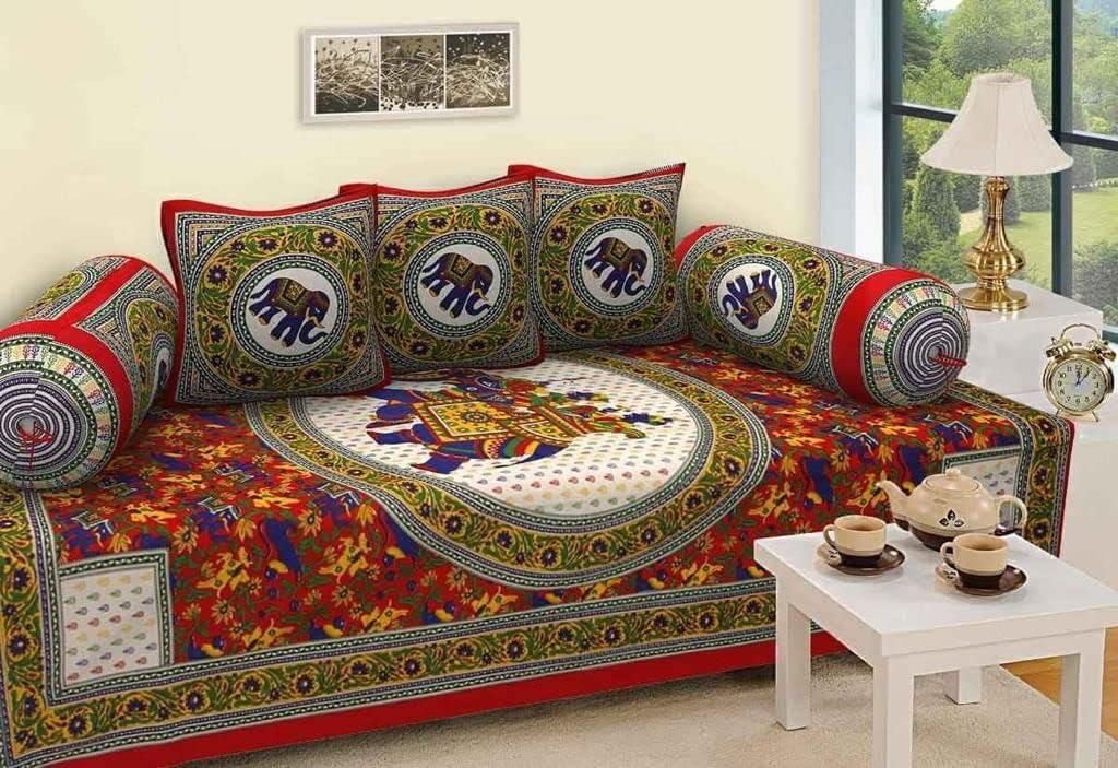 100% Pure Cotton Jaipuri Diwan Set of 6 Pcs (1 Bedsheet, 2 Bolster Cover, 3 Cushion Cover) | Cotton Diwan Set for Drawing Room, Living Room and Bedroom (Style 6)