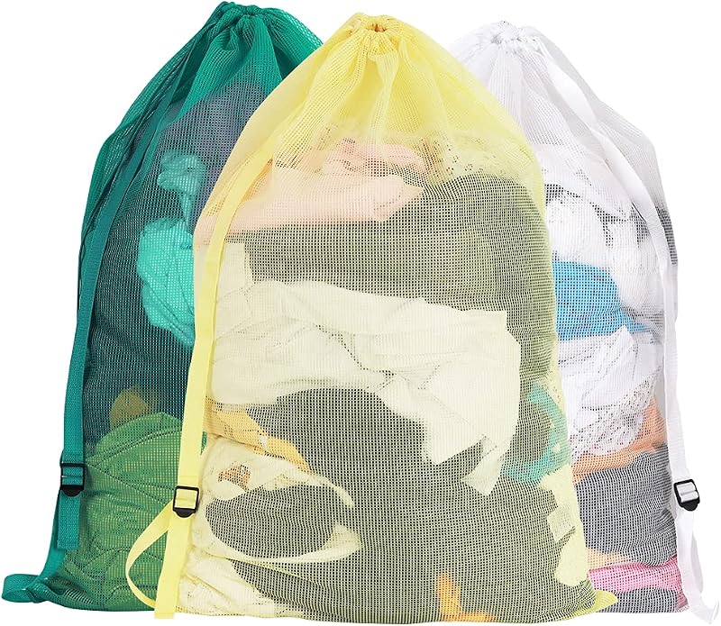 Mesh Laundry Bags with Adjustable Shoulder Strap, 24" x 36" Heavy Duty Nylon, Drawstring Closure, 3-Pack, Mixed Colors