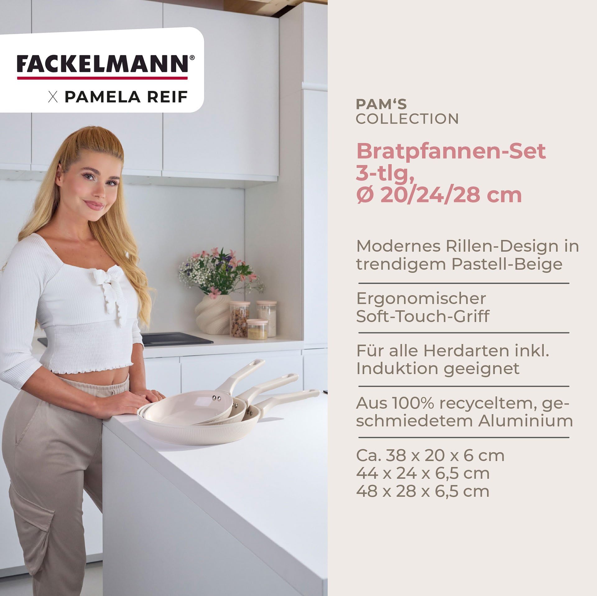 FACKELMANN x Pamela Reif Bratpfannen-Set 3-tlg Ø 20/24/28 cm – recyceltes Aluminium, Pastell-Beige, PFAS-freie Keramikbeschichtung, modernes Rillen-Design, für alle Herdarten