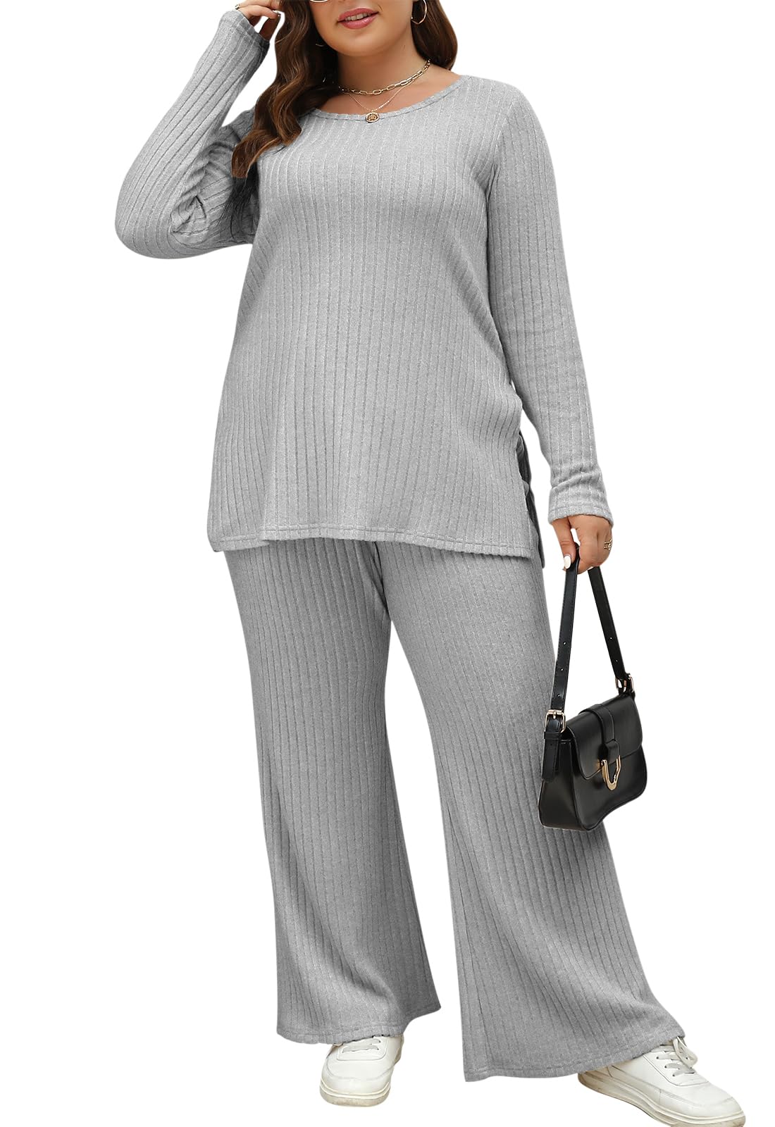 Nemidor Womens Plus Size Clothing Sets Tracksuits Fall Casual 2 Piece Outfits Ribbed Knit Long Sleeve Top and Pants 1XL-5XL