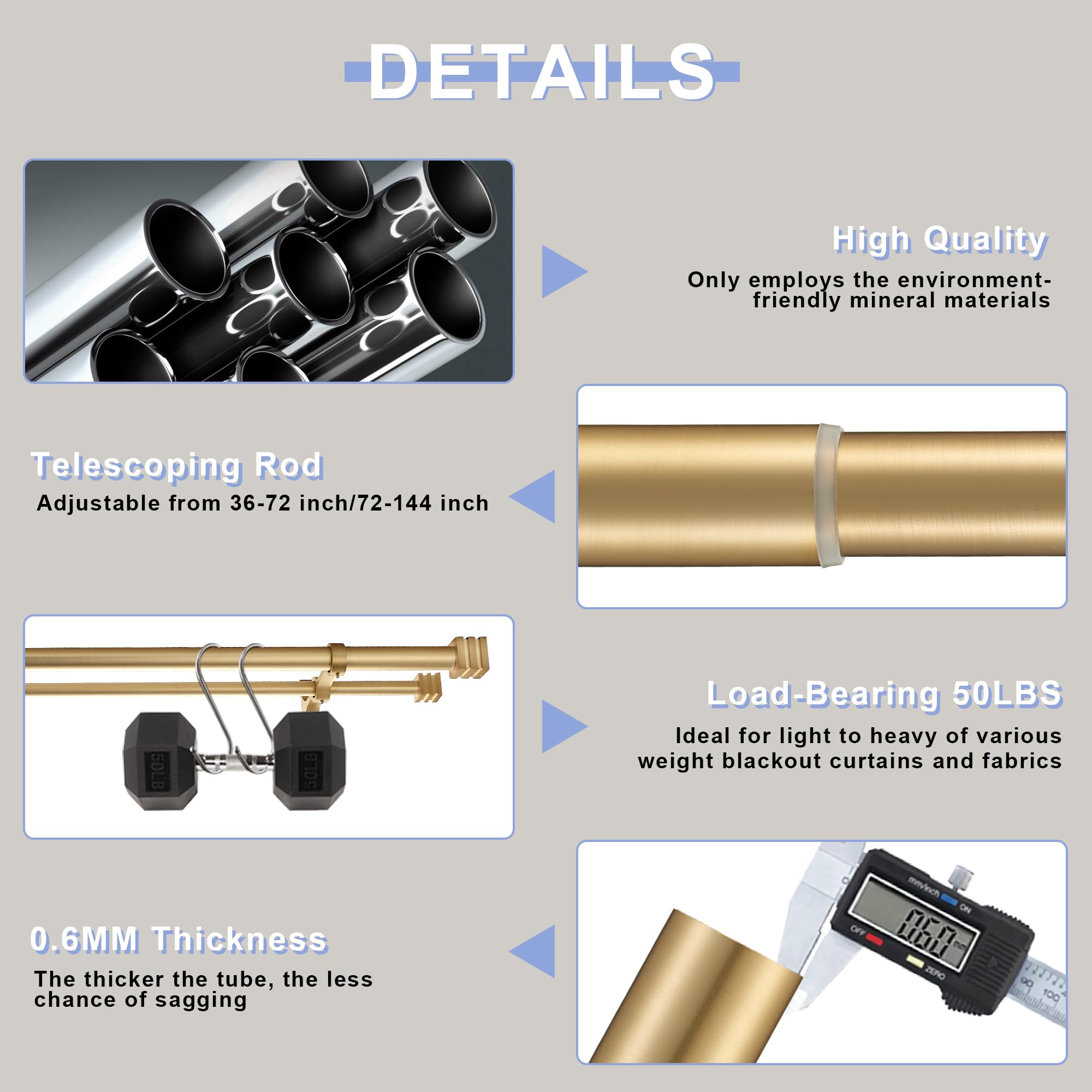 Double Curtain Rods 72-144 Inch With Cube Box Finials | Warm Gold, Aluminum Full Surround Brackets | Adjustable 1" Front & 5/8" Back Rods For Drapery