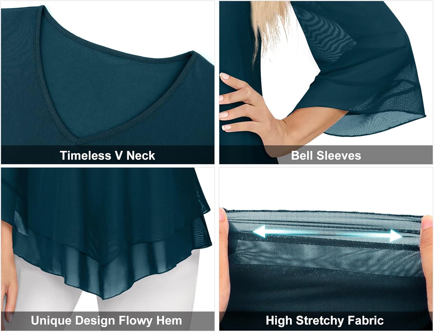 Viracy Womens Dressy Blouse V Neck Double Layers Elastic Mesh Casual Flowy Work Shirts Ruffle 3/4 Flared Sleeve Tunic Tops - Image 4
