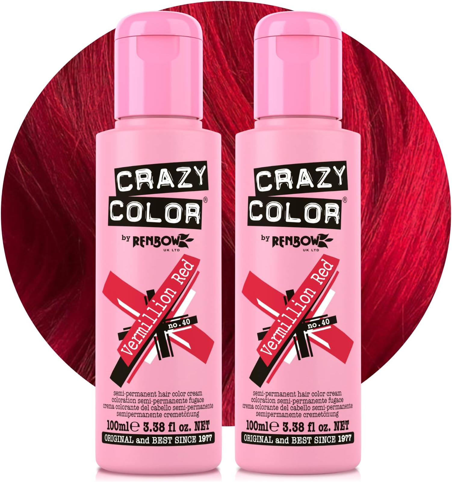 Crazy Color Vibrant Vermillion Red Semi-Permanent Duo Hair Dye. Highly Pigmented Scarlet Red Conditioning & Oil Nourishing Vegan Formula | No Bleach or Ammonia | 200ml