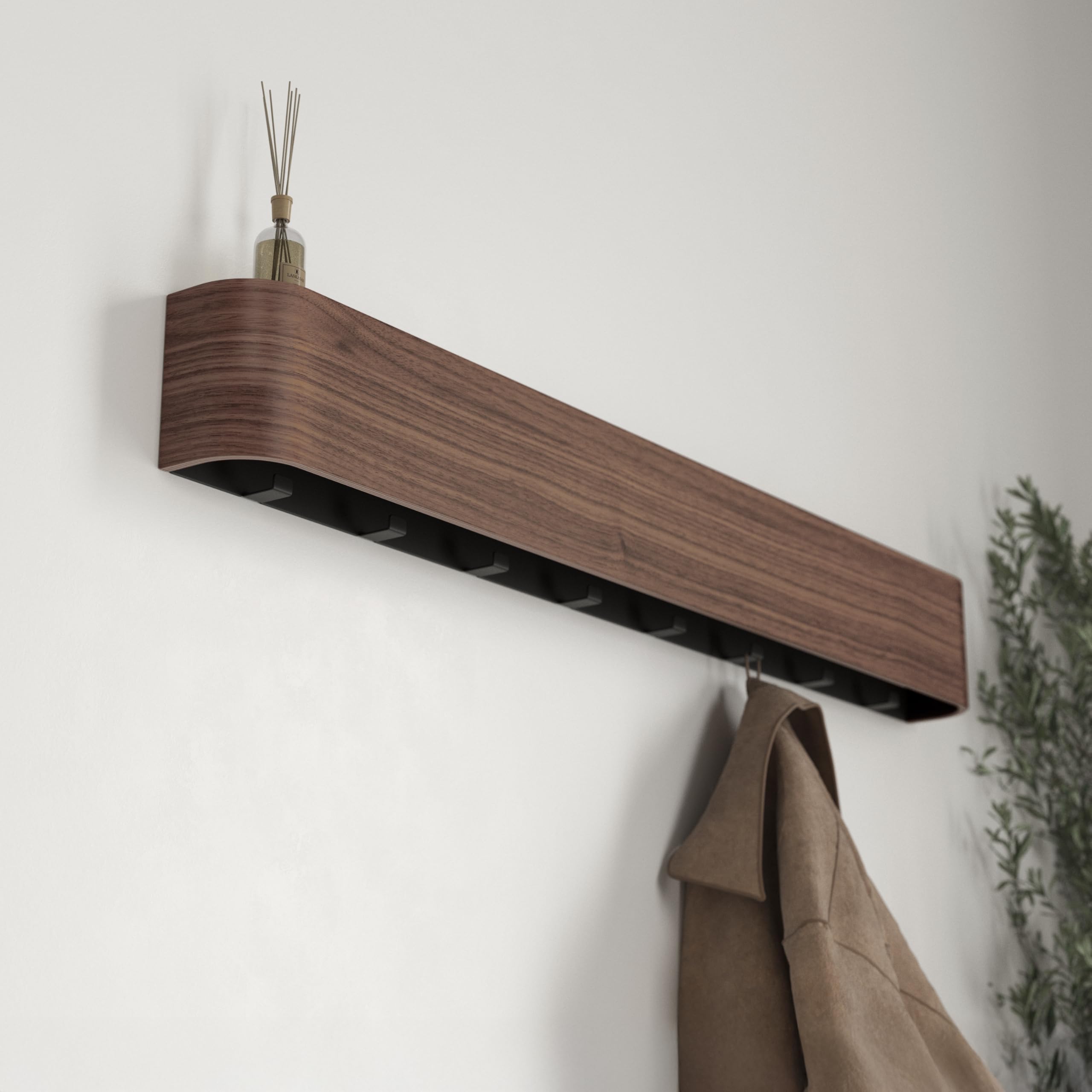 KAZAI. Wieszak na kurtki ścienny 'Toke' | Nowoczesny design z ukrytymi haczykami ściennymi | Panel z litego drewna fornirowanego | Orzech włoski