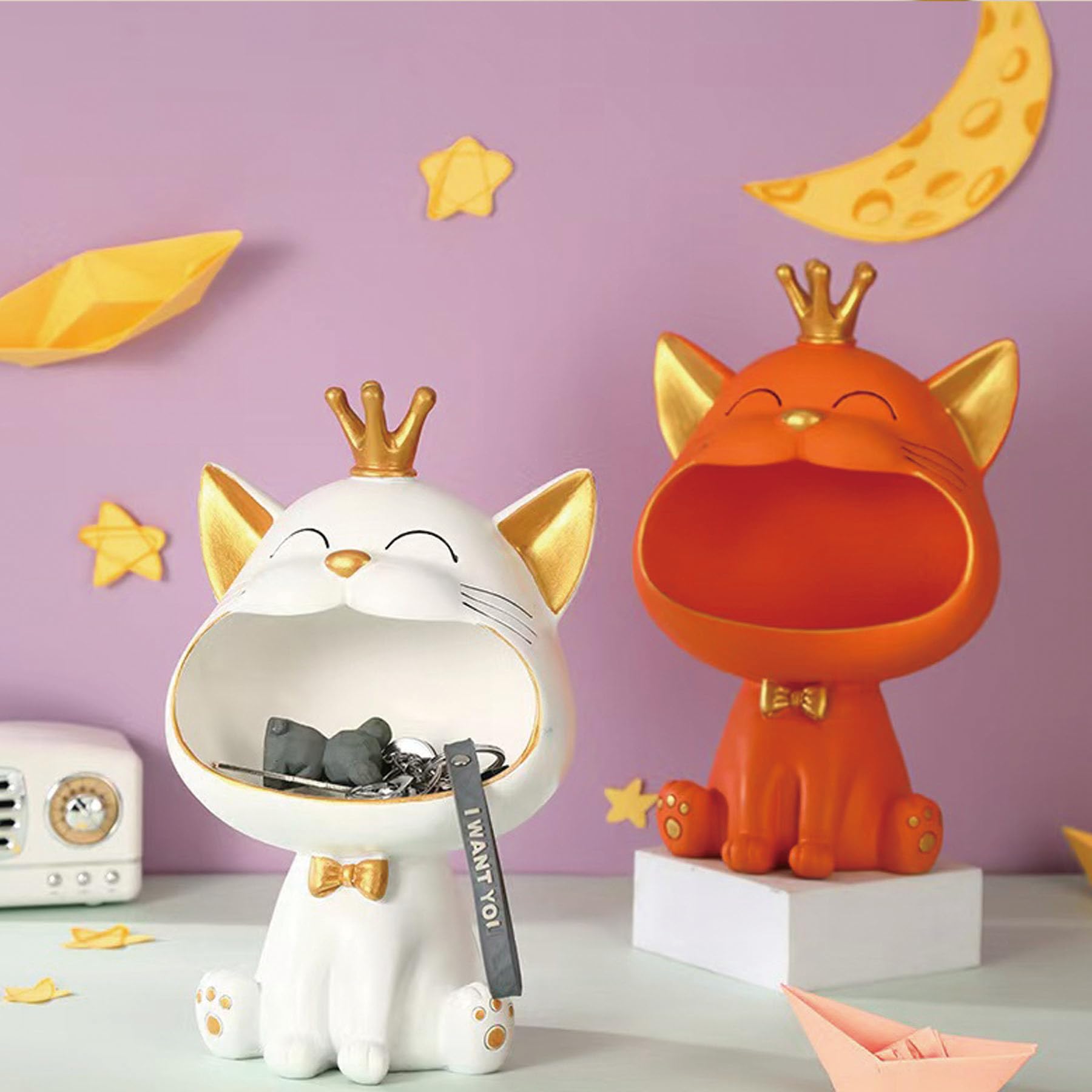 Statua di gatto che ride, scatola di immagazzinaggio di gatto fortunato, scultura felino, regalo per soggiorno, casa, corridoio, mobili (arancione)