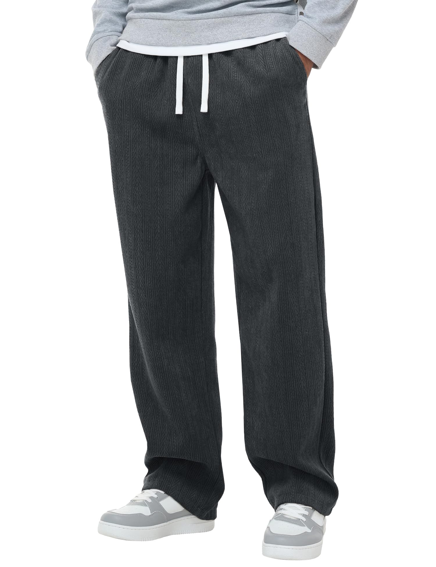 Mens Fashion Casual Elastic Waist Drawstring Baggy Pants Loose Fit Wide Leg Straight Sweatpants