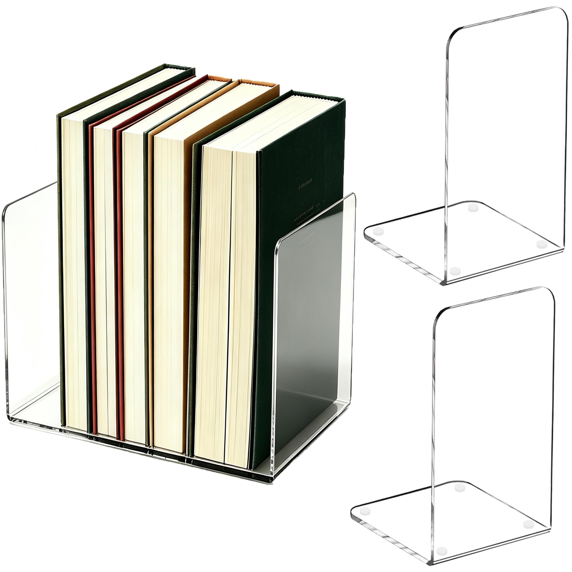 Acrylic Book Ends 4 Pcs, Clear Bookends, Bookend Organizer for Shelves