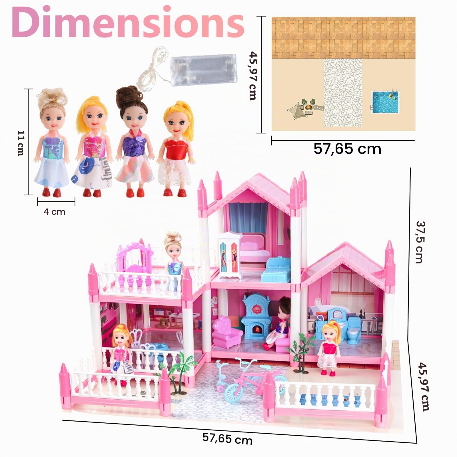 Maison de poupée pour filles avec lumière, tapis de jeu, poupées et meubles pour enfants de 3 à 8 ans