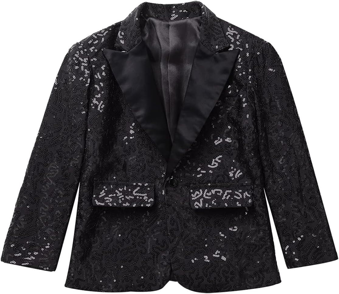 Kids Boys Shiny Sequins Tuxedo Suit Jacket Coat for Halloween Party Festival Dance Stage Performance