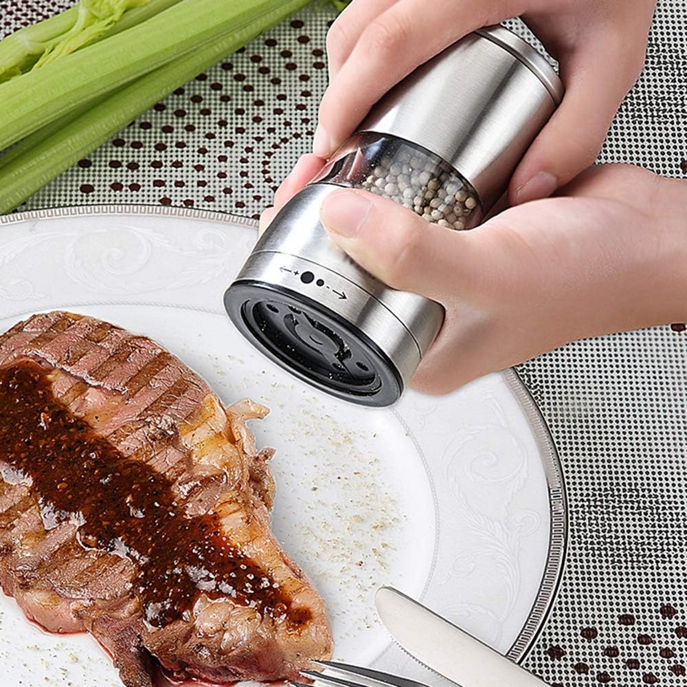Modern Design Salt and Pepper Grinder Set, Stainless Steel Salt and Pepper Mill with Acrylic Body, Brushed Stainless Steel Salt and Pepper