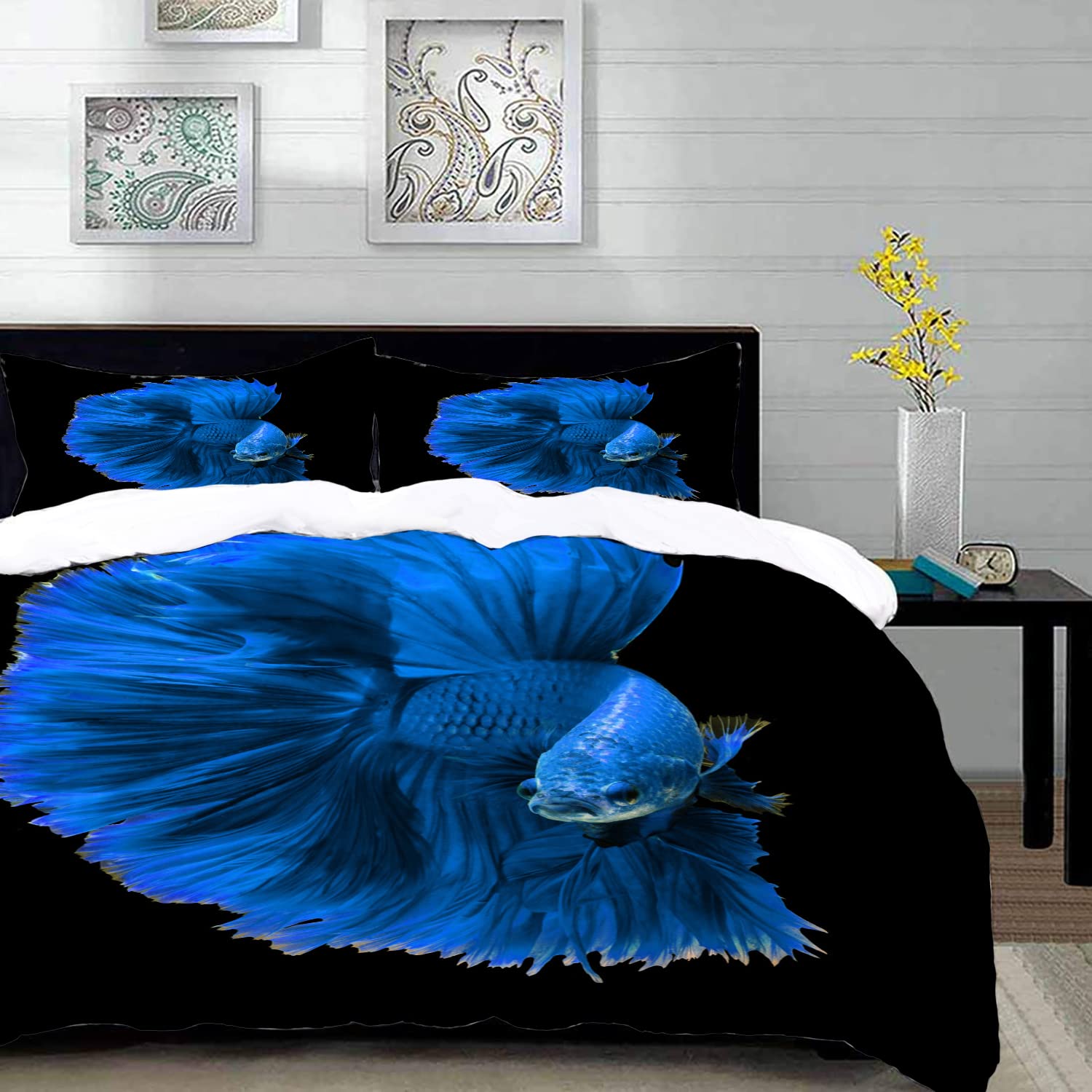 Bettwäsche 3 Teilig Bettgarnitur,Bunte ausgefallene Blue Dragon Siamese Fighting Fish Betta Aggressive Crown,Gemütlich Mikrofaser Bettbezug Set 1 Bettbezug Set 200 x 200 cm Küche, Haushalt & Wohnen