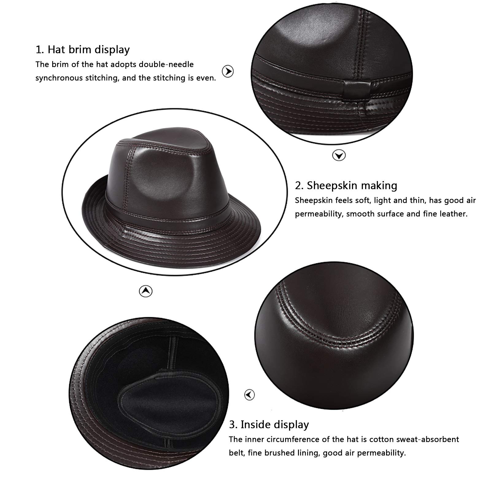 Sombreros de invierno, hombres de cuero Fedora Hat Jazz Cap Sheepskin Top Hat Sombrero envejecido de mediana edad Gorra Panamá Otoño e invierno 55-63cm