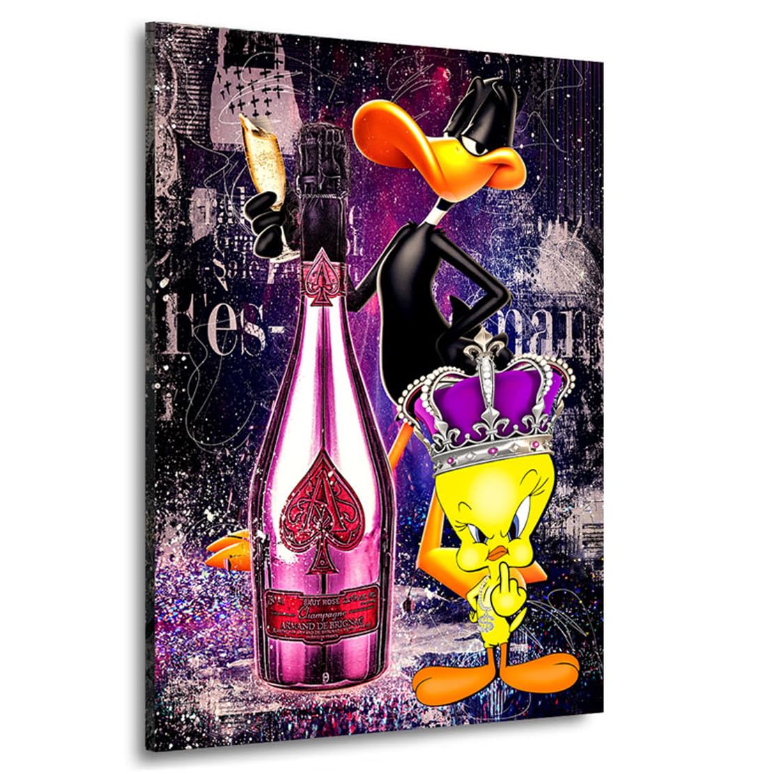 Kunstgestalten24 | Tweety & Duffy Champagner Comic Pop Art Leinwand-Bild | Leinwandbild mit Echtholz-Keilrahmen | Wandbild Gemälde Kunst Art | Hochwertige Kunstdrucke | XXL Bilder auf Leinwand