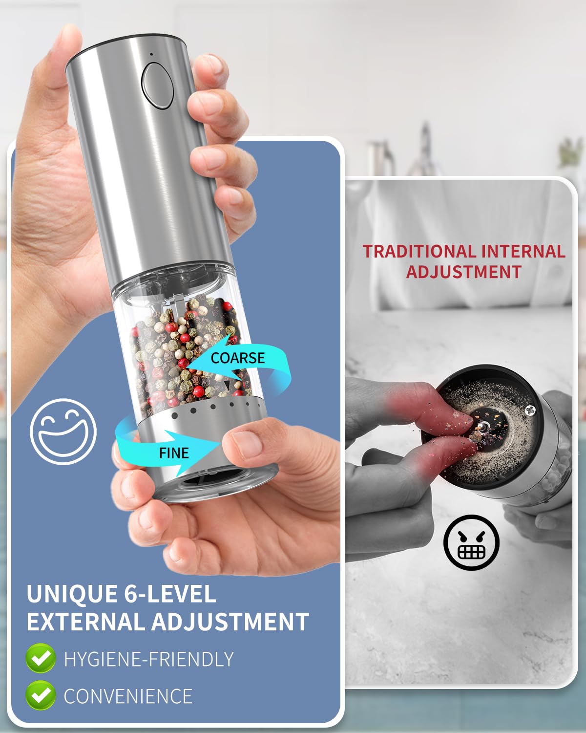 CIRCLE JOY Wiederaufladbares Elektrisches Salz und Pfeffermühlen Set aus Edelstahl mit Sockel mit 95ml Transparenter Behälter, Weißem LED-Licht und Extern Einstellbare Rauheit, Silber