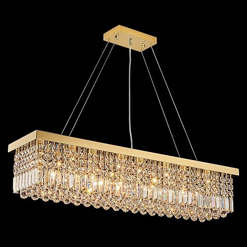 Miniatura 57 de 7PM Candelabro rectangular de cristal K9 moderno colgante rectangular para comedor, cocina, isla dormitorio, color negro, 47 pulgadas de largo x 10