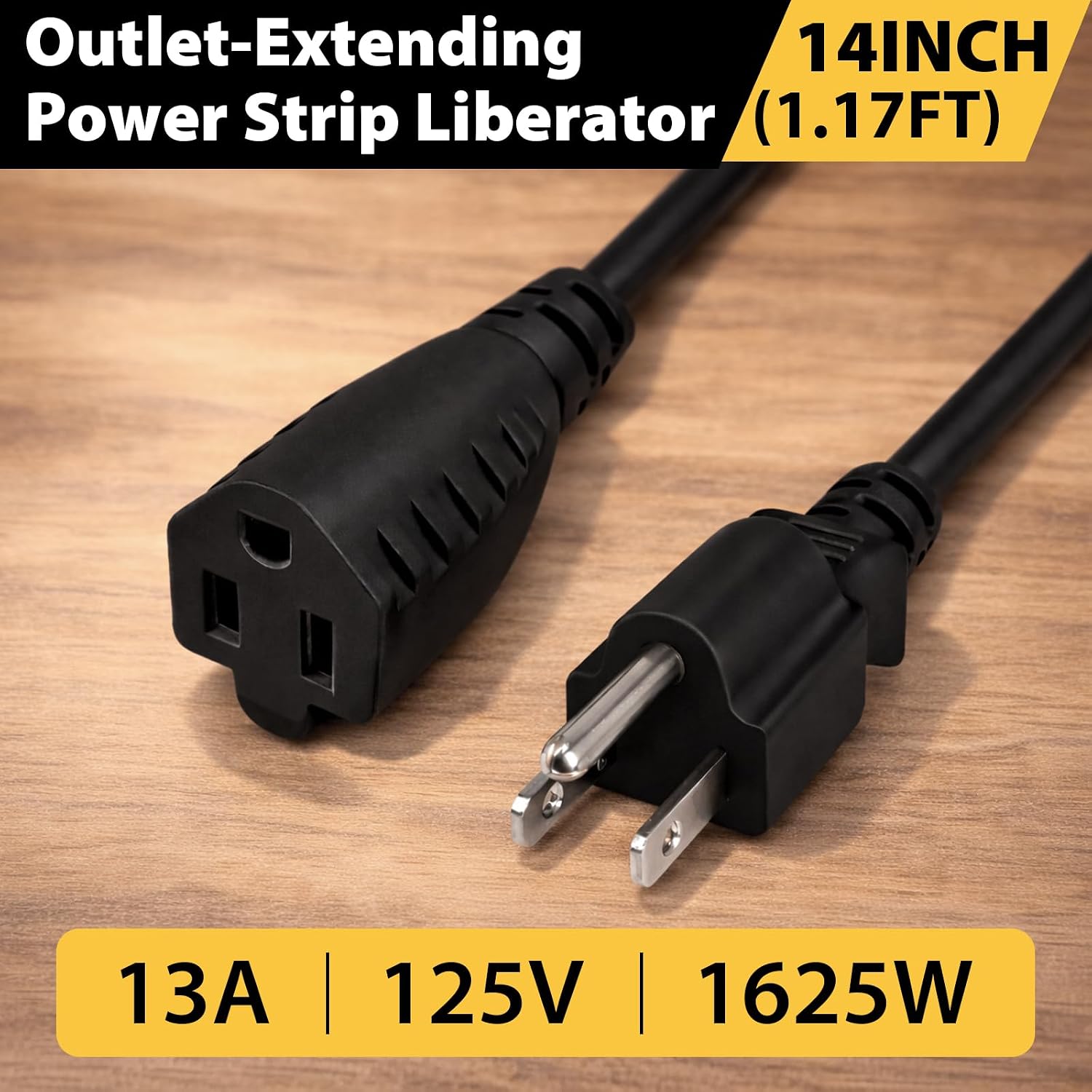 PowerStrip Liberator Classic 14 in Short Extension Cord – Outlet Saver Plug Extender, UL Listed 13A 1625W Power Cable with Strain Relief, Space-Saving Pigtail Cord for Power Strips, 5 Pack
