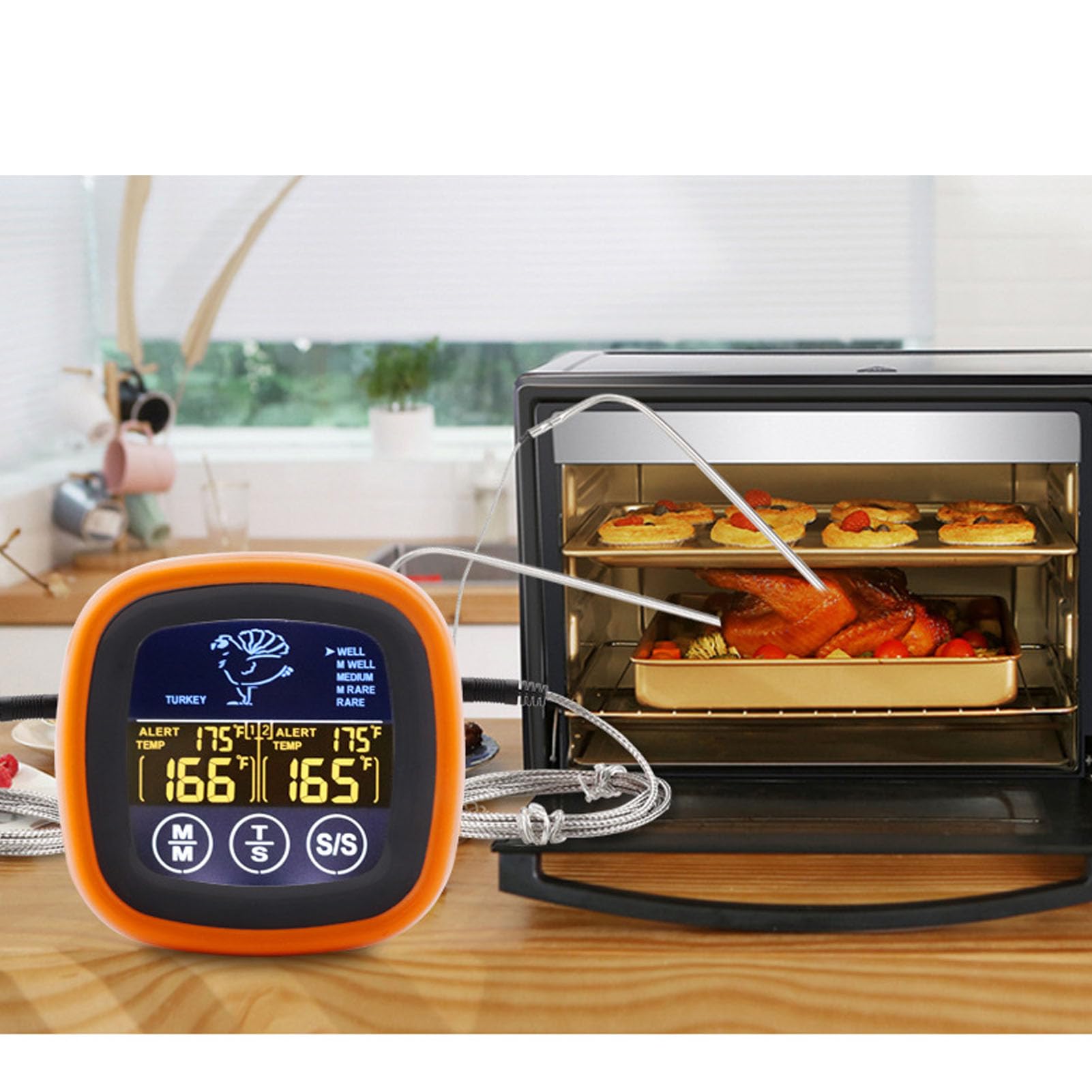Multifunctional Meat Thermometer, Touchscreen 2 Probes Digital Grill Thermometer with Timer, for Water, Beef, Chicken, Turkey