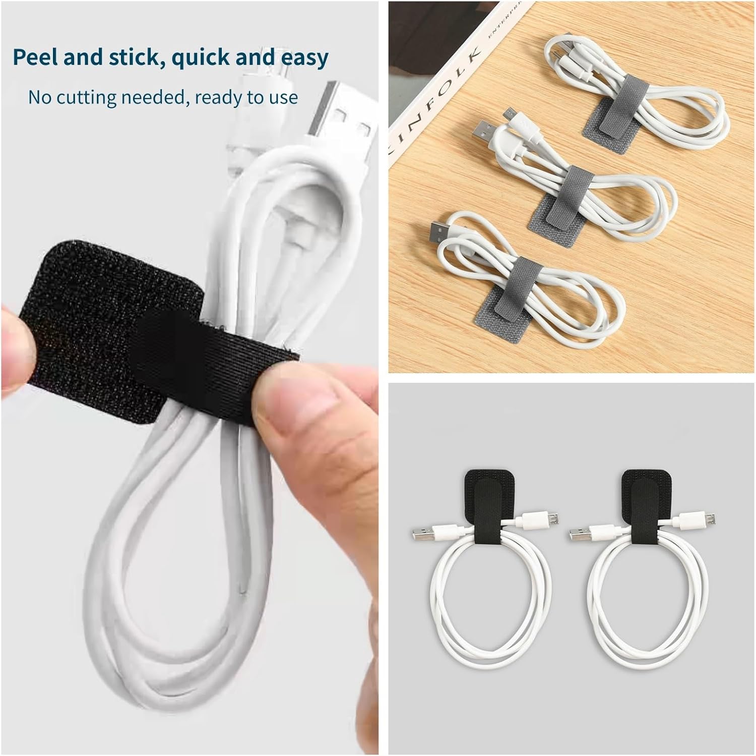Gray Adhesive Cable Ties – 20PCS Hook and Loop Sticky Back Straps, Cord Organizer Ties for Wire Management