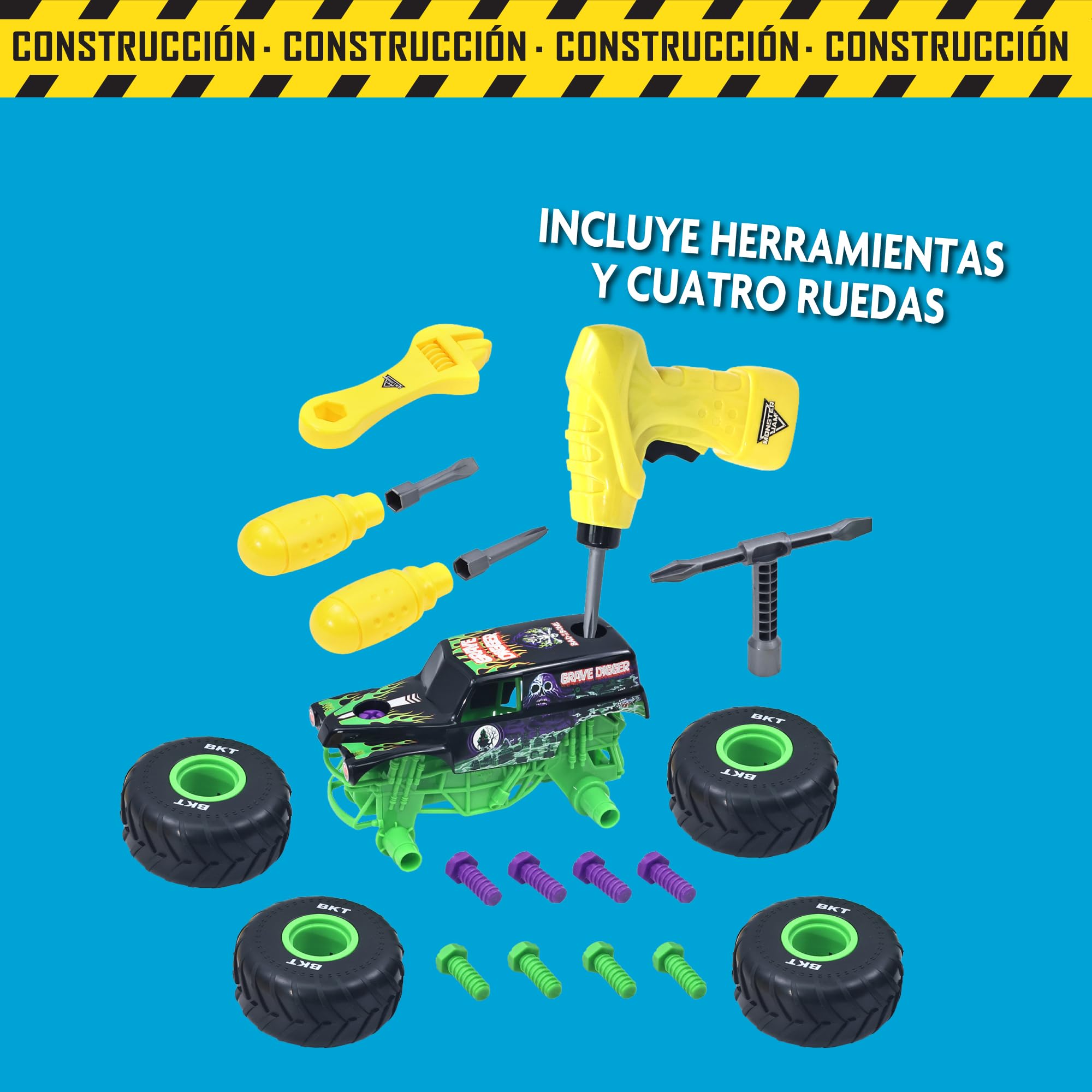 MonsterJam Mechanix - Vehículo a Escala 1:18 con Piezas Desmontables, Incluye Destornillador y 4 Ruedas, Modelo Grave Digger, 3 Modelos Disponibles para Coleccionar, Famosa (MNJ02100)