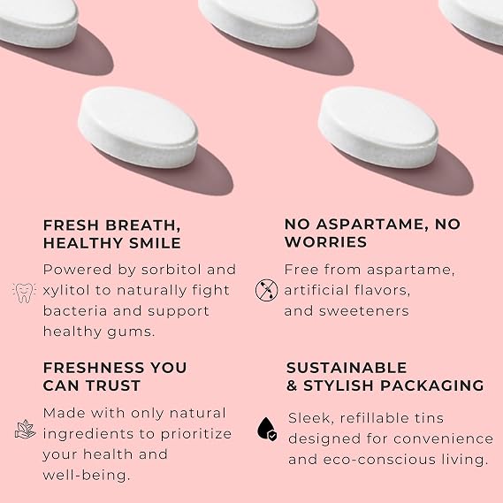 NOOZ Better Smile Mints 180 Count | Oral Health & Fresh Breath Support | Gum & Teeth Care, pH Balance | Sugar-Free, Aspartame-Free | Peppermint Flavor | Includes Premium Refillable Tin