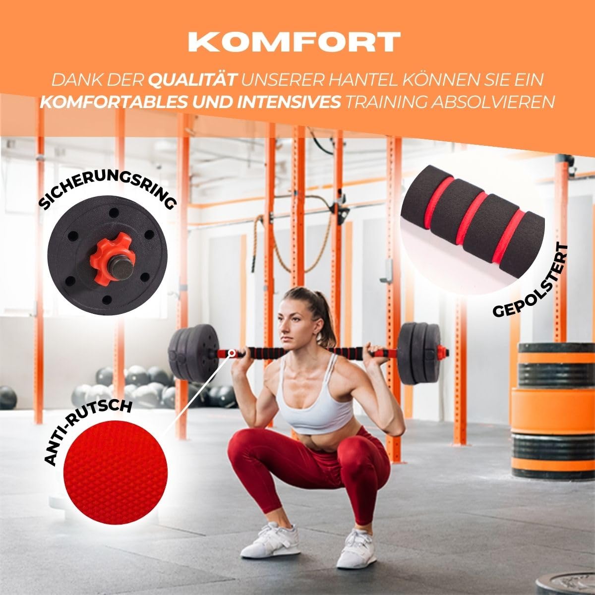 Mobiclinic®, Hantelset verstellbar, 2 in 1, Gewicht von 20-30 kg, Enthält hanteln und gepolsterte verlängerungsstange, Rutschfeste muttern, Robuster stahl, Heim-fitnessstudio