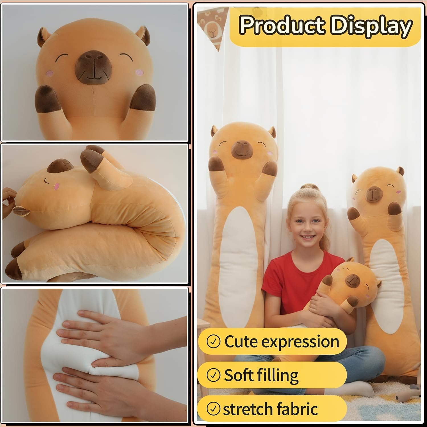 Long Capybara Plush Body Pillow Giant Stuffed Animal Soft Kids Sleeping Pillow, Kawaii Cute Capybara Plushies for Girls Boys Birthday (Brown,60cm/23.6inch) - Image 3