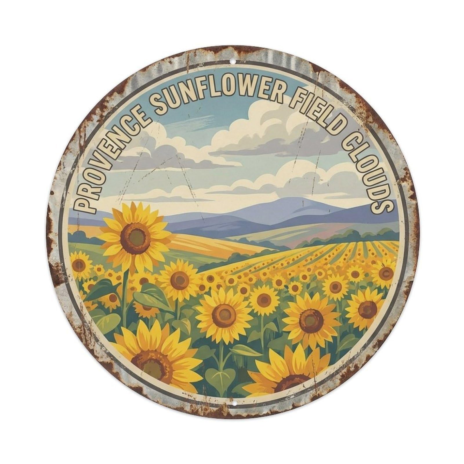 French Provence Nature Travel Sunflower Field Clouds Metal Tin Sign