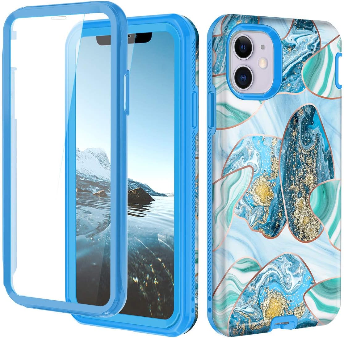 Hekodonk for iPhone 11 Case Built in Screen Protector Heavy Duty High Impact Hard PC TPU Bumper Full Body Protective Shockproof Anti-Scratch Cover for Apple iPhone 11-Marble Blue