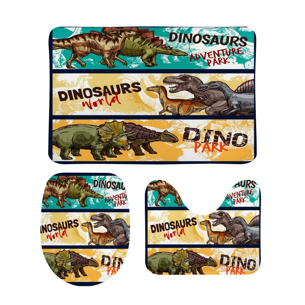 Tapis de bain dinosaure en velours corail | Ensemble de 3 pièces lavables