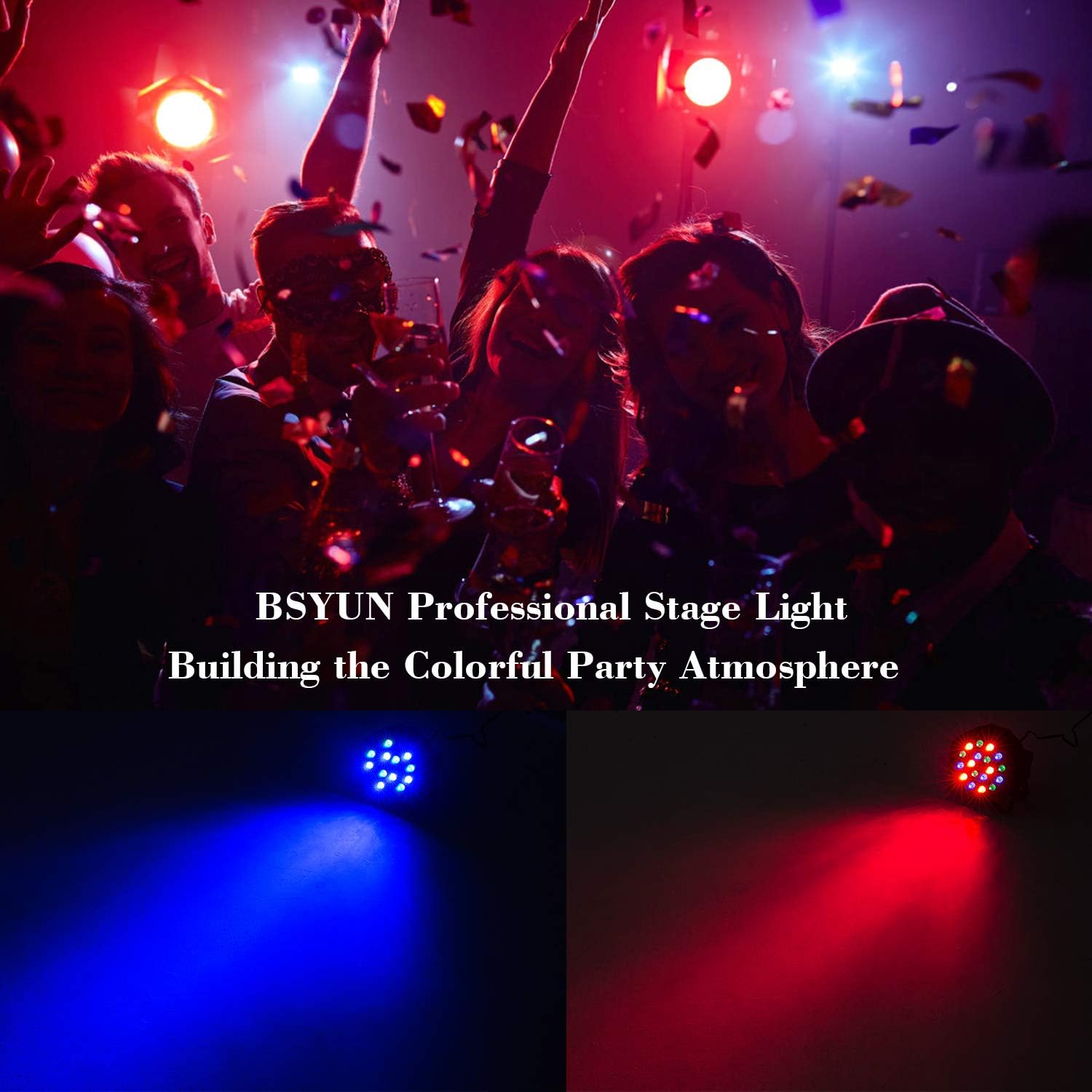 DJ Lights, BSYUN RGB 18 LEDs Professional Sound Activated Stage Lights DMX-512 Controllable Uplighting for Wedding Party with Remote (8P)