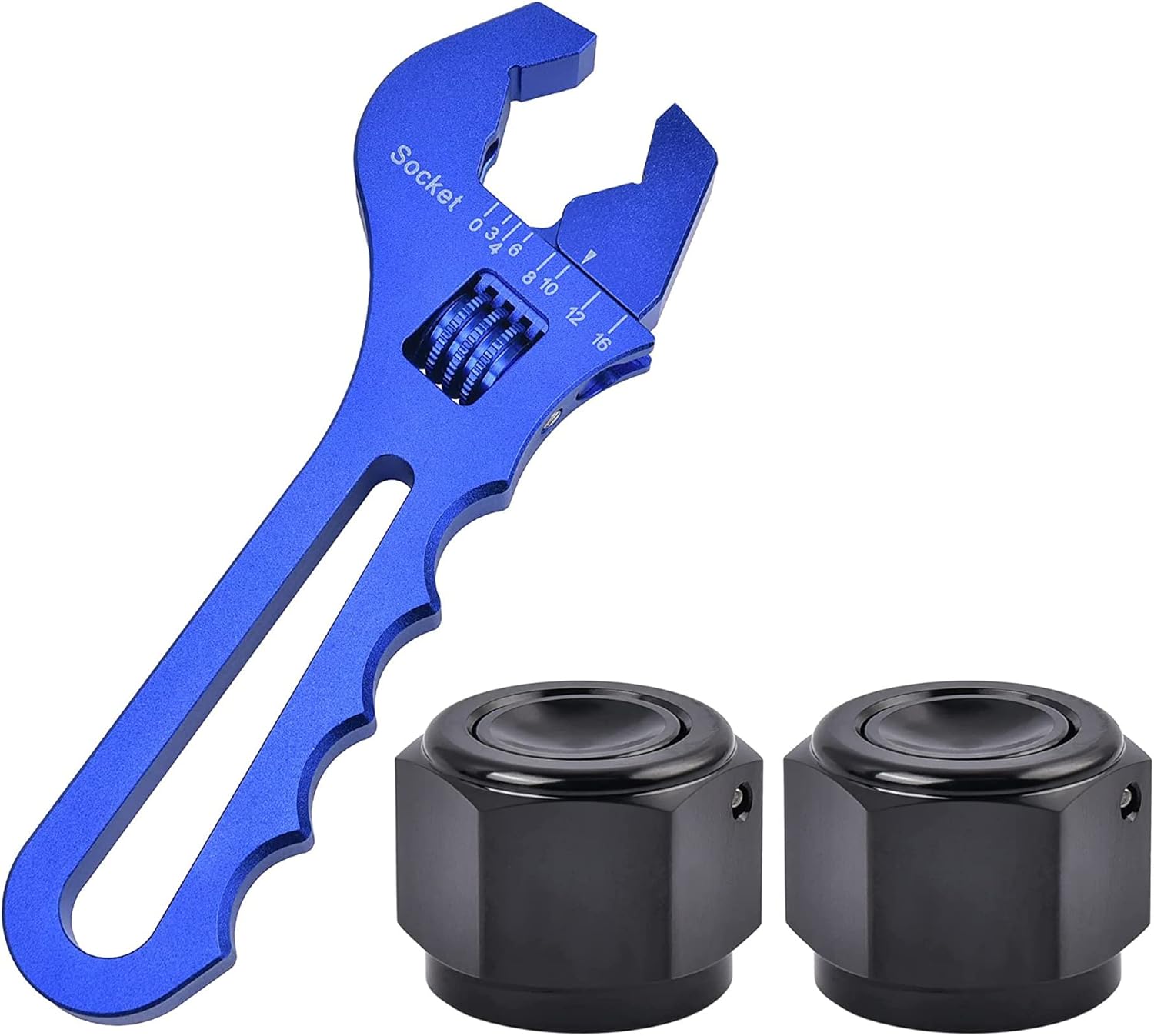 EVIL ENERGY 8AN Flare Cap Block off Fitting 2PCS Bundle with Adjustable 3AN-16AN Wrench Aluminum Blue