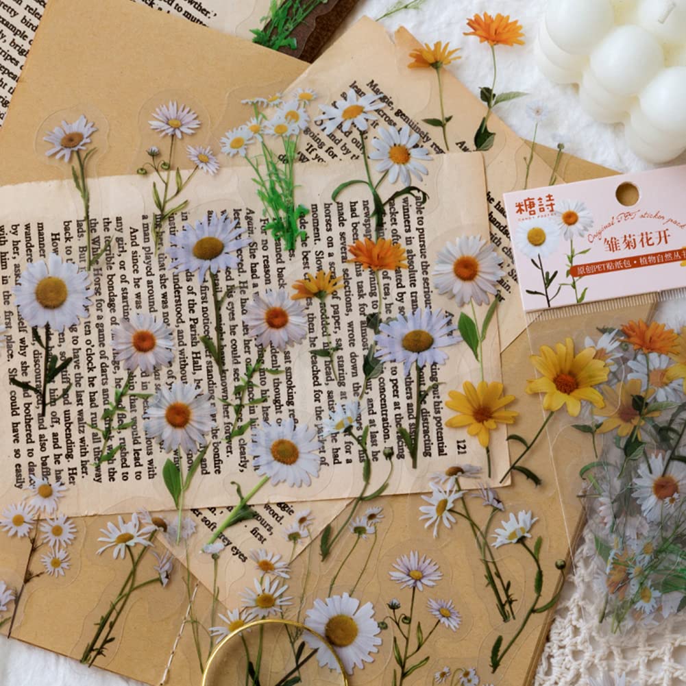 320 pz/8 confezioni di adesivi decorativi trasparenti in PET vintage, set di adesivi floreali, autoadesivi, piante, fiori, margherita, fungo, natura, temi piante, arti, artigianato fai da te