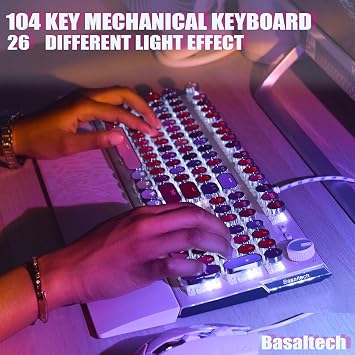 Lipstick Mechanical Gaming Keyboard Round Key Vintage Mechanical Keyboard with White LED Backlight Blue Switch 104 Keys Wired USB Metal Panel Typewriter Keyboard