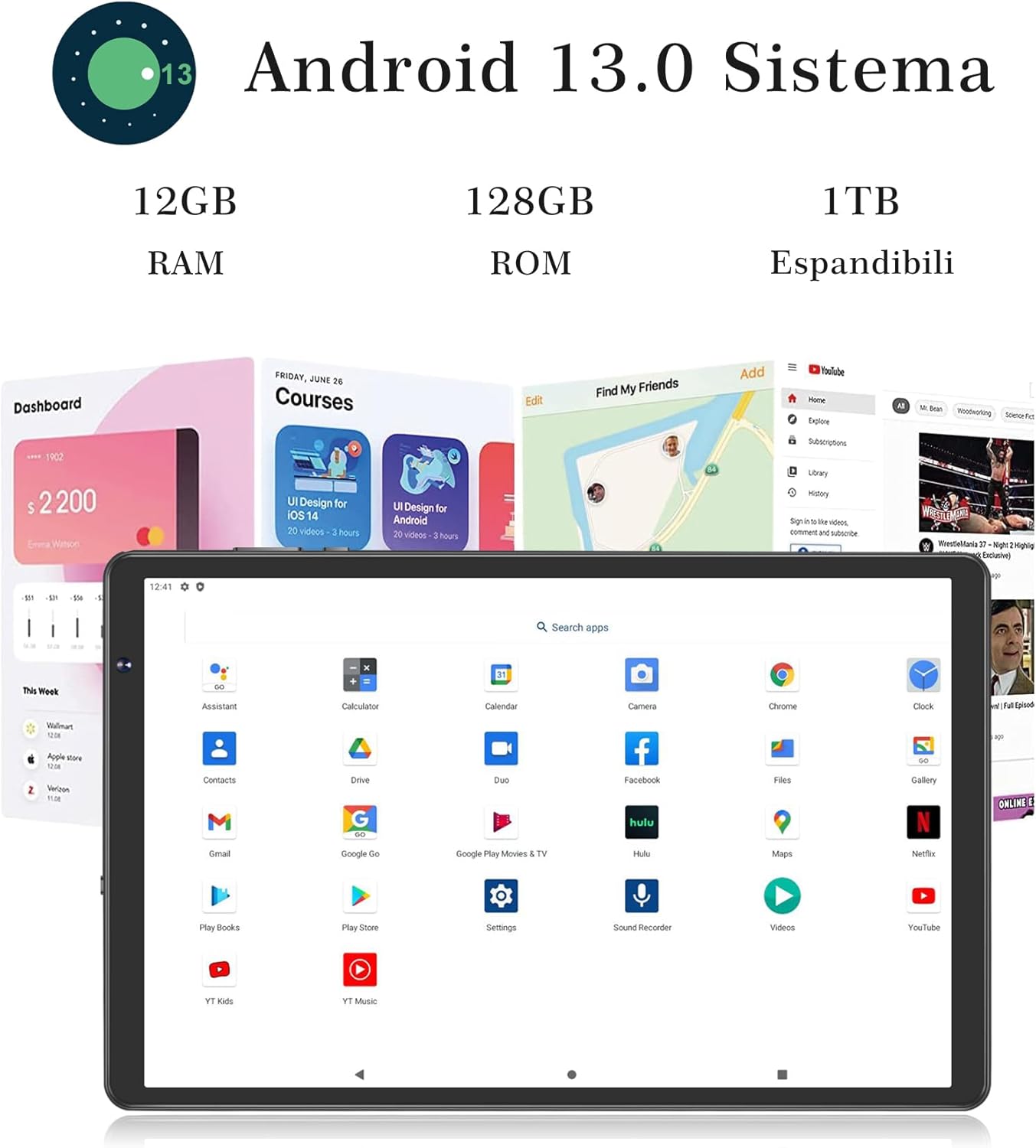 SEBBE Tablet 10 Pollici Android 13 Tablet 12GB RAM+128GB ROM (TF 1TB), Tablets 5G WiFi Octa-Core 2.0 GHz, Google GMS/Widget/GPS/Bluetooth5.0/6000mAh/5+8MP, Tablet con Tastiera e Mouse - Nero