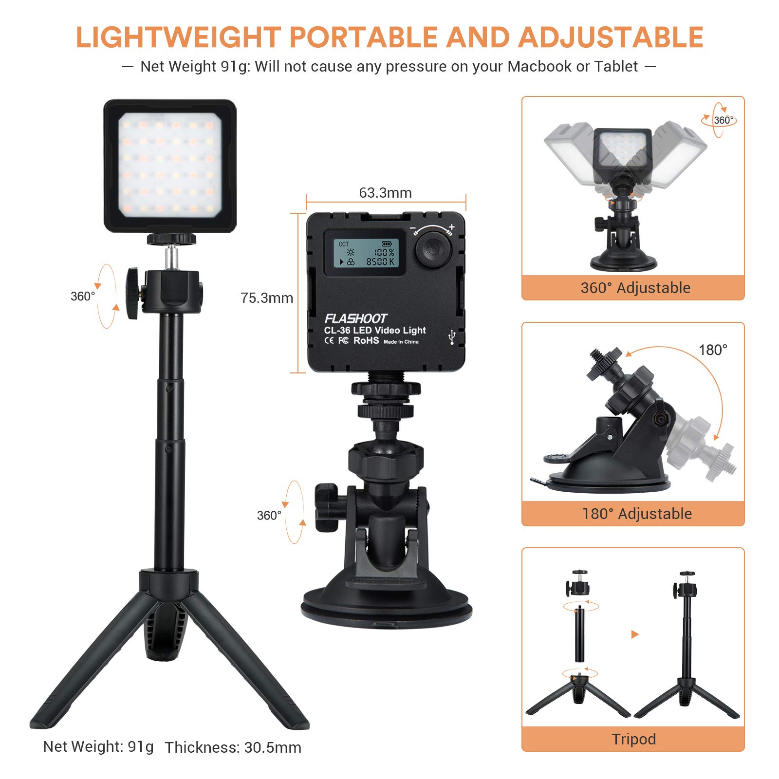 CL-36 Luce LED Set luci LED Luce video Staffa con mini ventosa e supporto per treppiede e diffusore inclusi Per illuminazione di conferenze/videoconferenze