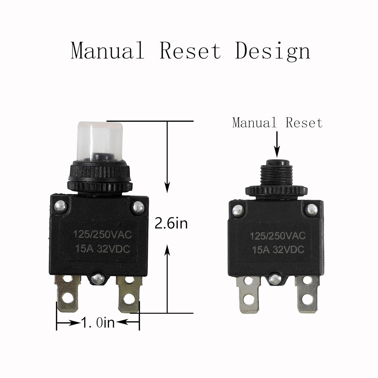 5pcs Push Button Reset 15 Amp Circuit Breakers with Manual Reset 32VDC, Trolling Motor Plug Stabilizer AC125-250V with Quick Connect Terminals