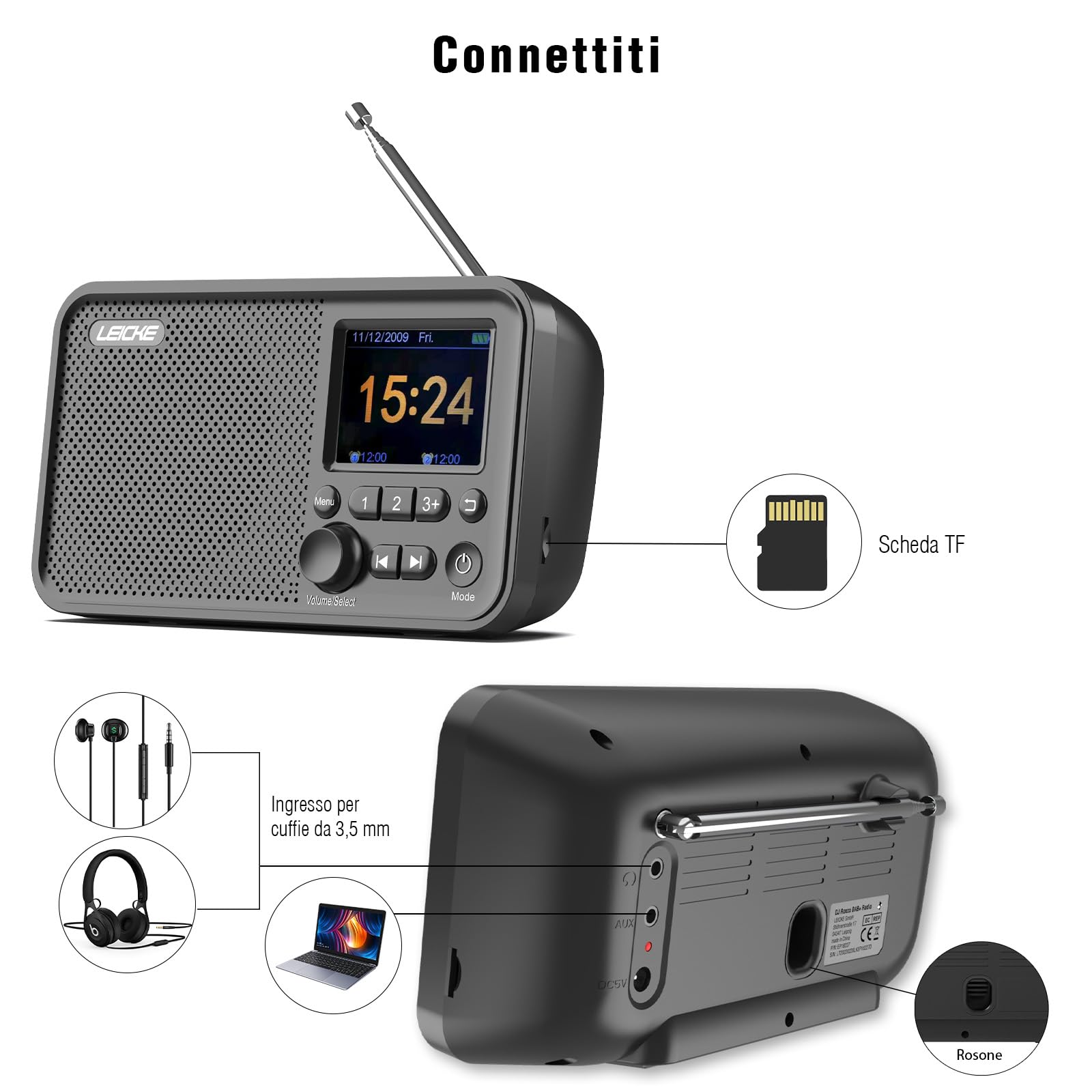 LEICKE DAB+ Radio Portatile con Bluetooth 5.0, FM, Display 2,4", Batteria 4000 mAh