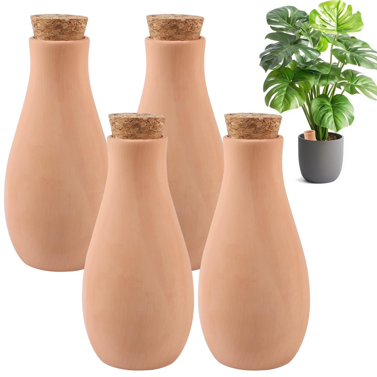 EXLECO Ollas Watering Clay with Lid, 400 ml, Terracotta Irrigation Balls, Clay Vessels, Watering System, Sustainable Watering Pots, Plant Watering, Holiday, for Raised Bed, Greenhouse, Pack of 4
