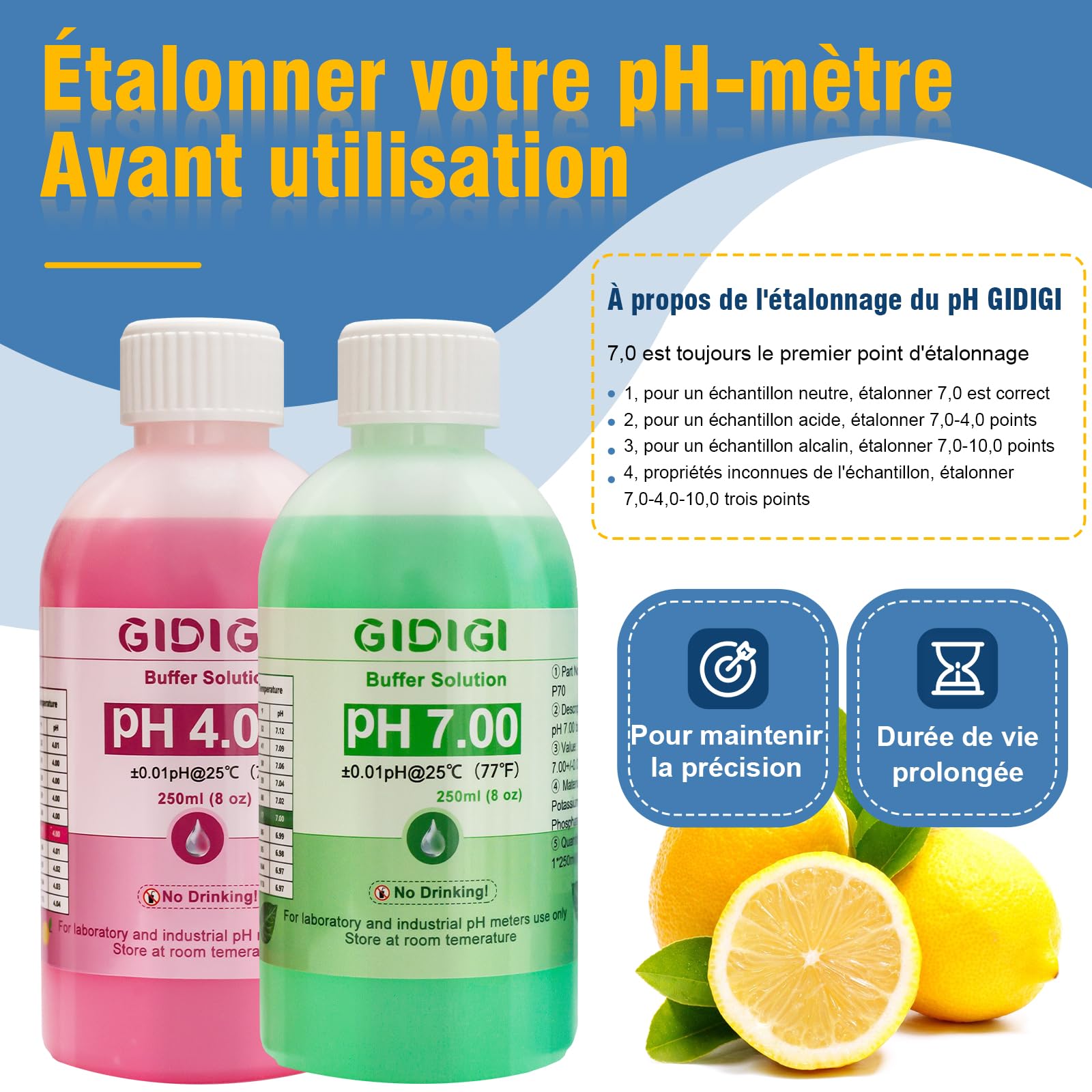 Kit de solution d'étalonnage de pH-mètre, comprend une solution de protection d'électrode dkit solution tampon ph 7 et ph 4, solution de pH 250 ml x 2, solution de stockage de sonde de pH 30 ml x 1