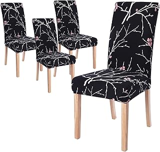 Fundas de Silla de Comedor Elásticas y Modernas,Extraíbles y Lavables, Fundas de Licra para sillas Altas 4 Piezas Fundas Protectoras para sillas (Flor Negro, Juegos de 4) …