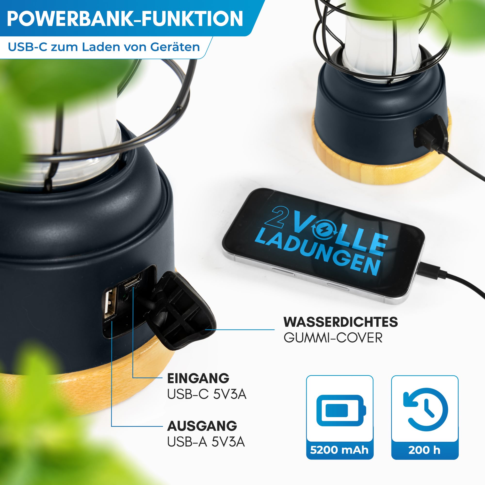 NORDMUT® Campinglampe aufladbar mit Powerbank [5200 mAh] IPX4 wasserdicht – Campinglampe dimmbar mit 200h Leuchtkraft – Leichte Campingleuchte Outdoor mit kompakten Packmaß (Schwarz)