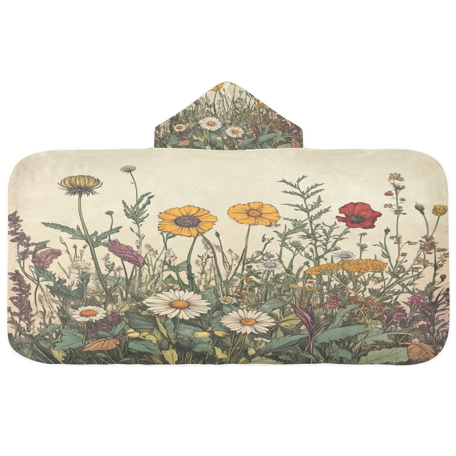 Kigai Wildflowers Hooded Beach Towel for Kids Soft Absorbent Quick Dry Bath Towel with Hood Lightweight Toddler Shower Pool Bath Wrap for Boys Girls